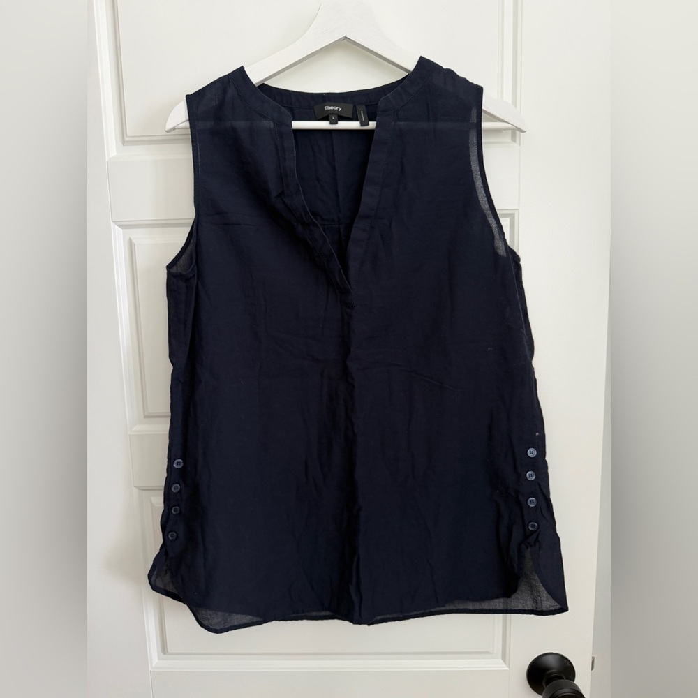 Theory Women's Dark Blue Sleeveless Blouse 100% Cotton